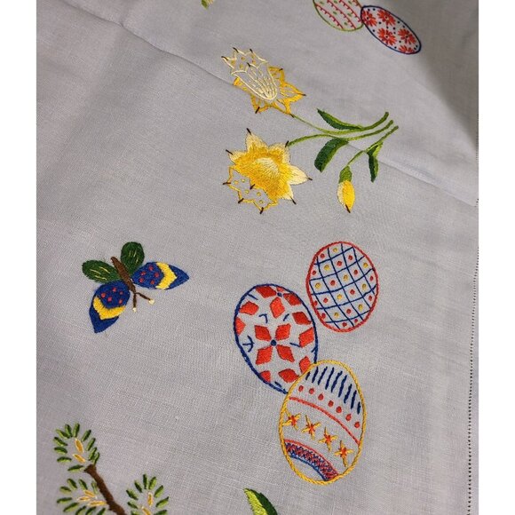Linen 33x34" Tablecloth Handmade Ukraine Eggs Butterfly Flowers Blue Colorful - Picture 7 of 13